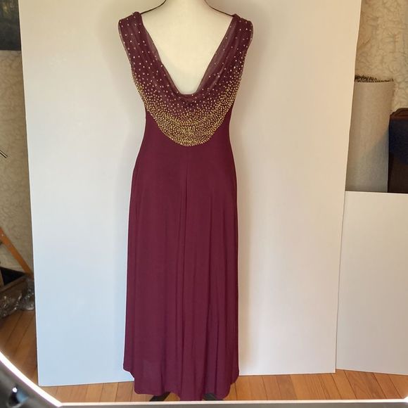 Cachet Gown Maxi Gold Beads Front & Back Neckline Burgundy Color Formal Gown - Picture 2 of 13